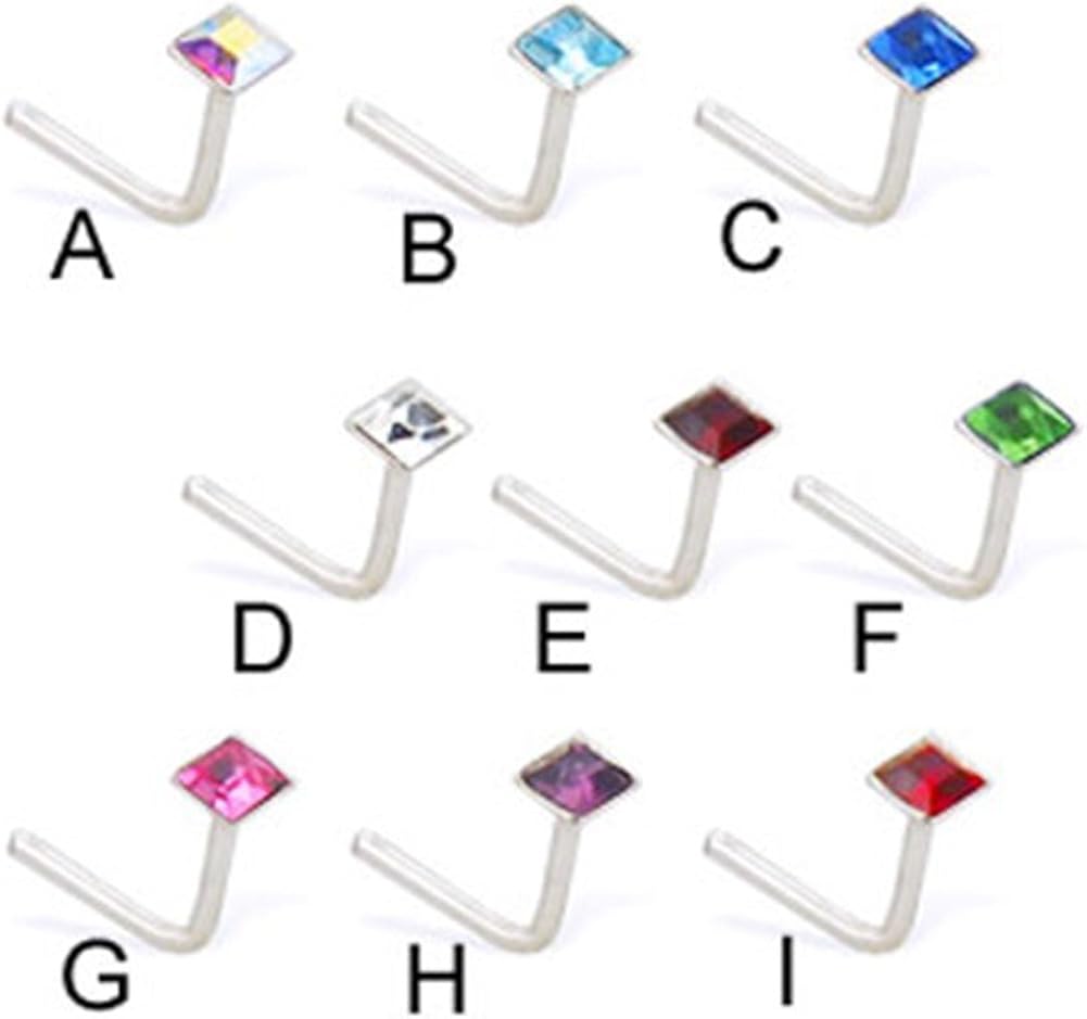 MsPiercing Silver LShaped Nose Pin With Square Gem, 20 Ga, Red I