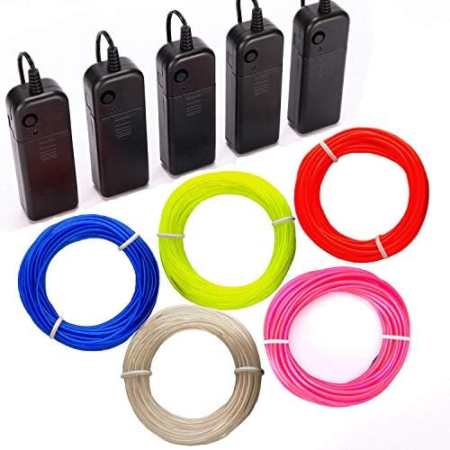 TGHCP-5 Pack 15FT Neon Glowing EL Wire with Battery Pack (Blue,Limegreen,White,Red,Pink,Each of 15FT)