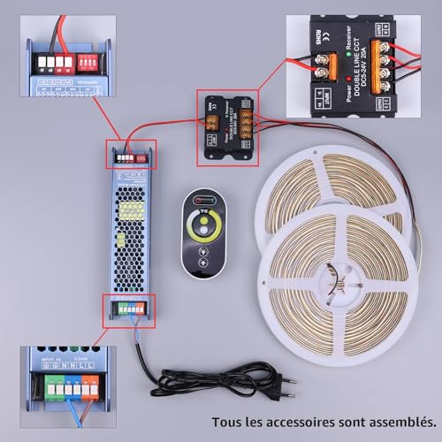 BENLUN CCT COB LED Strip 24V 20M (10M x 2), 2700K-6500K White Adjustable LED Strip, 10W/M CRI 93 Dimmable LED Strip, Remote Control and Power Supply Included, for Bedroom, Kitchen