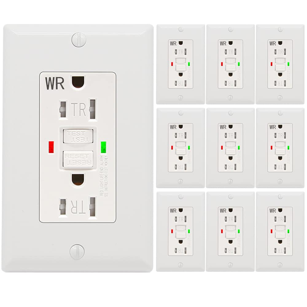 Photo 1 of 10 Pack - POWAWINI GFCI Outlet 15 Amp, UL Listed, Self-Test GFI Receptacles, TamperResistant, Weather Resistant, LED Indicator, with Decor Wall Plates and Screws, Indoor or Outdoor Use (White)