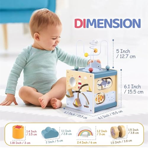 AM ANNA Wooden Activity Cube for Toddlers 1-3, in 1 Ocean Animal Shape Sorter Bead Maze Montessori Toys Baby 6-12 Months,Baby Activity Cube 1-3 Boys Girls Baby Sensory Interactive Birthday Gift