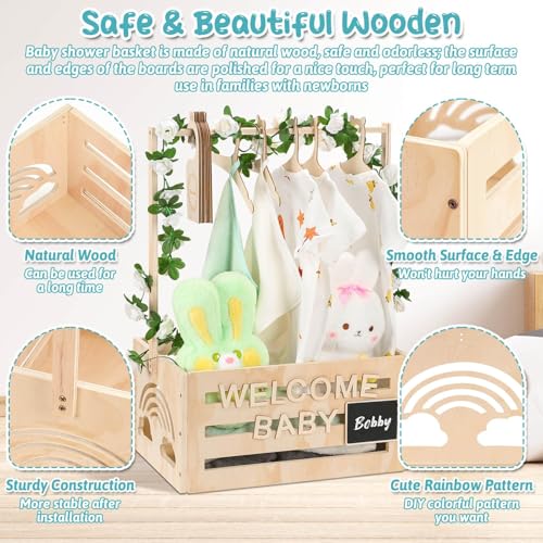 Dsocool Wooden Baby Shower Crate Closet With Hangers, Letters, Dividers - Easy Assembly Basket for Newborn Boys Girls - Pregnancy Gifts for New Parents