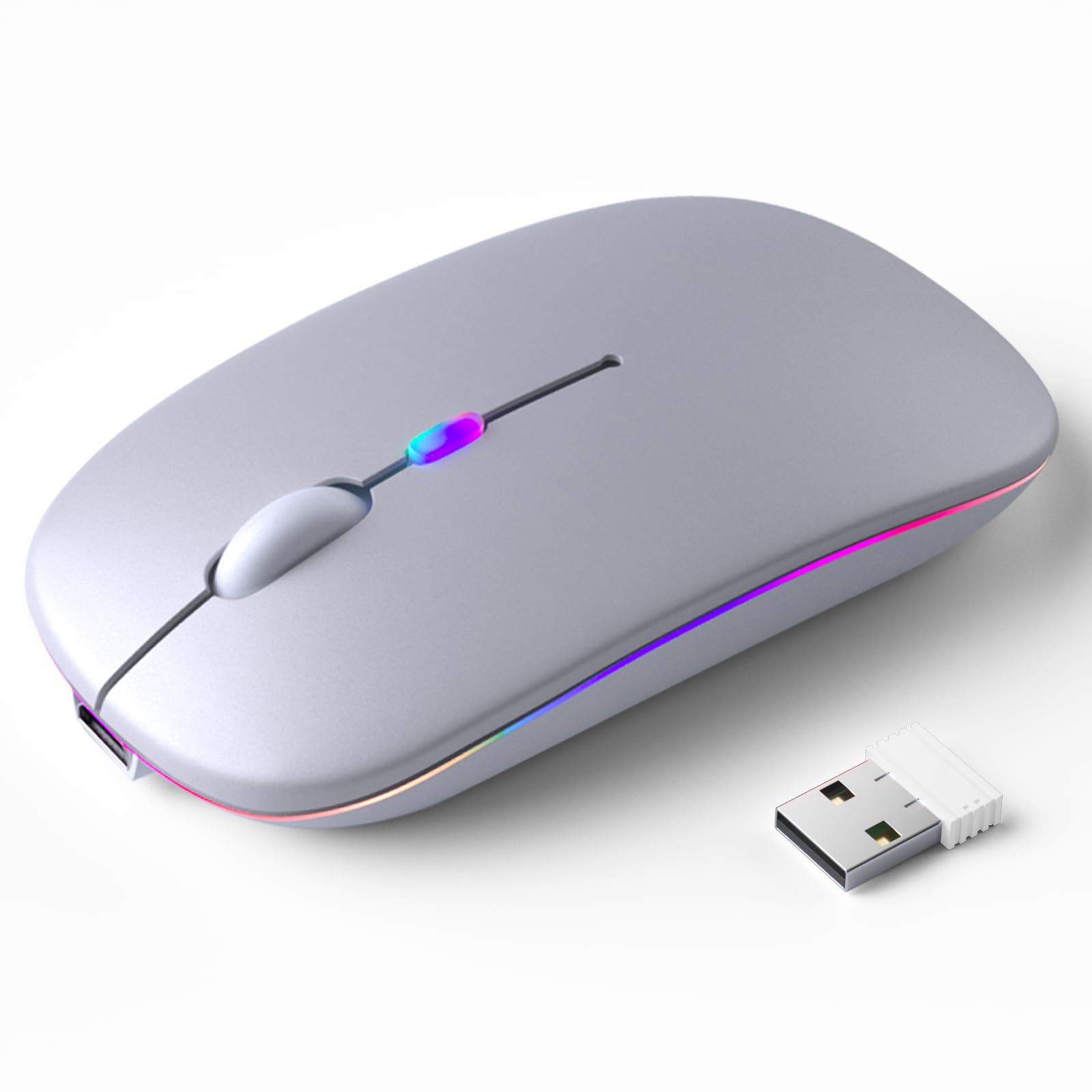 KANMABPC Wireless Bluetooth Mouse – Rechargeable, Silent, Dual Mode (Bluetooth 5.2 & USB) with LED Lights – Portable for Laptop, Desktop, & Tablet(Silver)