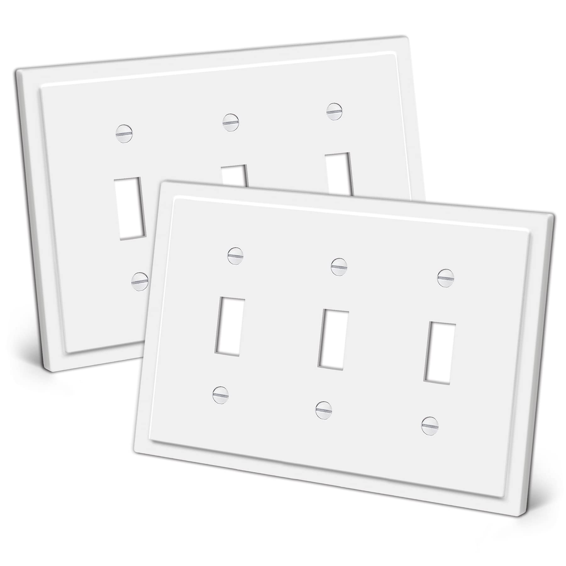 Photo 1 of CML 3-Gang Modern Framed Toggle Light Switch Wall Plate, Decorative Triple Outlet Covers, Impact Resistant Polycarbonate, Standard Size 6.87”X 4.87”, White, 2 Pack