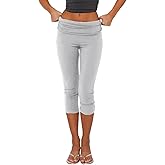 FOMOYUU Women's Fold Over Capri Leggings Y2K Low Rise Flared Pants Stretch Lounge Yoga Athletic Cropped Pants Bell Bottoms