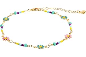 Daisy Anklet, Gold Beaded Flower Anklet Dainty Colorful Foot Chain Summer Beach Boho Foot Jewelry Gift for Women Girls for Bi