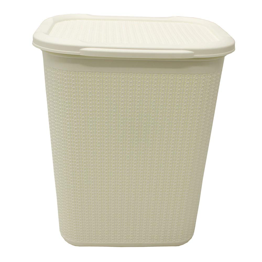 JVL Knit Design Loop Plastic Rectangular Lidded Washing Laundry Basket - 50 Litres, White