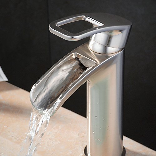 Bathroom Faucet Brushed Nickel Waterfall,Hiendure Brass Single Handle Low Arc Bathroom Sink Faucet with Hole Cover Plate