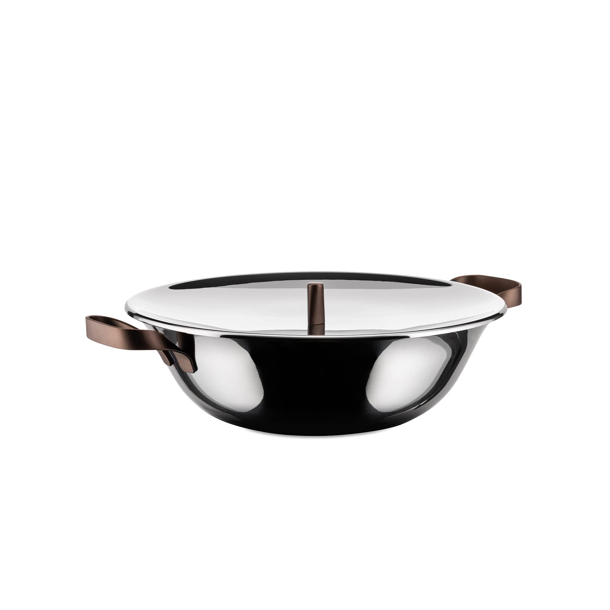 Alessi edo Wok in Trilamine with Stainless Steel Lid, Stainless Steel Handles and Knob with PVC Coating, Brown PU308