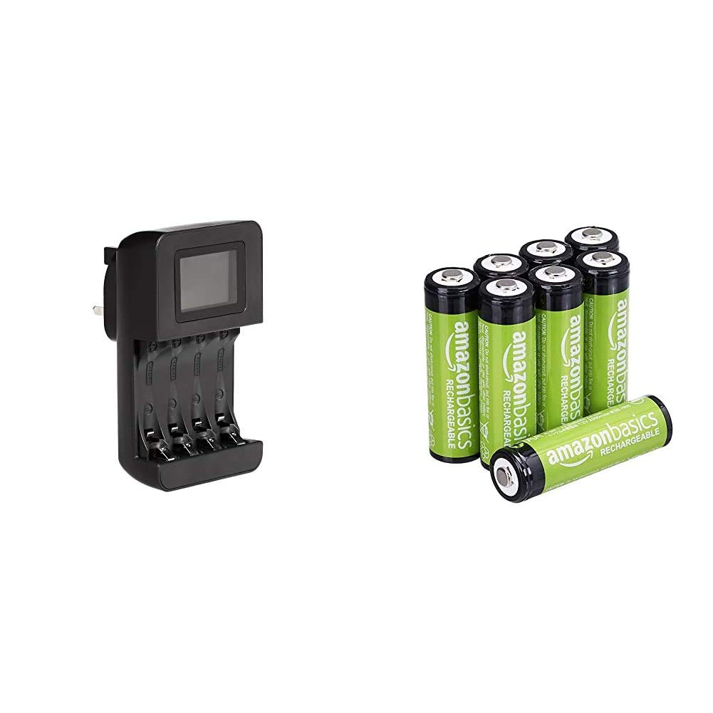 Amazon Basics Intelligent Digital Battery Charger for 4 AA, AAA & AA Rechargeable Batteries, Pre-charged - Pack of 8 (Appearance may vary)