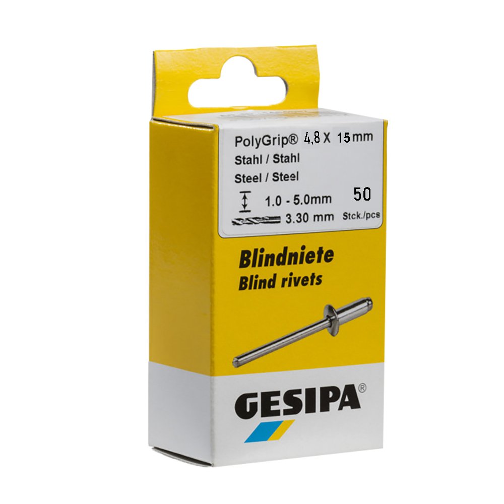 Gesipa 1464828 "PolyGrip" Stainless Steel Blind Rivets, Silver, 4.8 x 15 mm, Set of 50 Piece