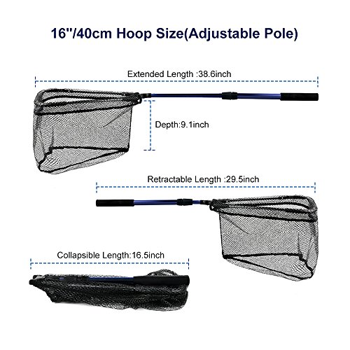 MelkTemn Collapsible Fishing Net, Fish Net Foldable Telescopic Pole Handle(16.5-38.6in) Durable Nylon Mesh Safe Fish Catching Landing nets for Fishing (Hoop is 15.7 x 15.1 x 9.1 in Depth)