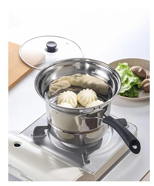 STAINLESS STEEL STUDENT POT, 8.6 “FOR 1-2 PEOPLE, COOKING POT, DEEP FRYER, STEAMER, MULTIPURPOSE POT. FEATURES GLASS LID, STAINLESS STEEL STEAMER RACK AND BASKET.