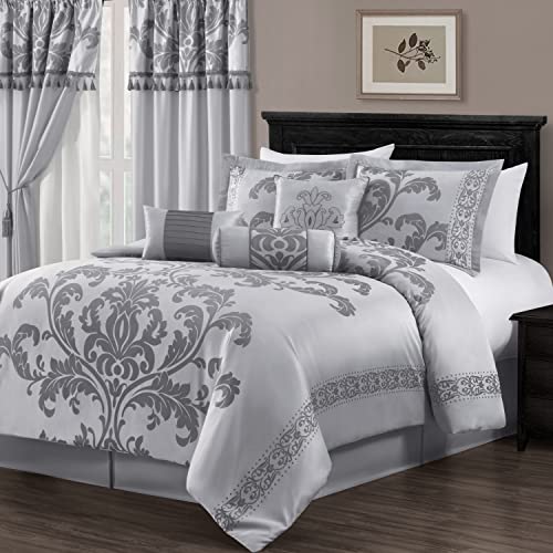 Chezmoi Collection Royale 7-Piece Jacquard Floral Comforter Set, Oversized Queen, Silver/Gray