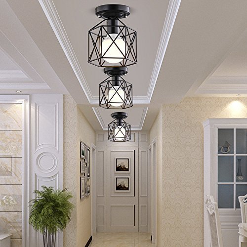 Vintage Ceiling Light, MKLOT Ecopower Industrial Style Square Semi Flush Mount Ceiling Lighting Lamp Fixture 5.91" Wide with Cage in Black