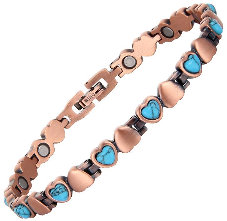 MagEnergy Turquoise Copper Bracelet for Women Magnetic Brazaletes with Powerful Magnets 99.99% Pure Copper Adjustable Jewellery Box(Love Patterns)