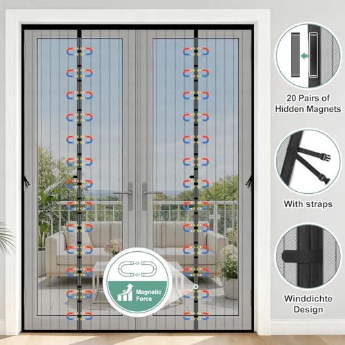 Moustiquaire Porte Magnetique,180x222cm Moustiquaire Baie Vitrée Coulissante,Aimantée Double Ouverture Latérale,Fermeture Automatique,Sans Perçage,Anti-moustiques pour Entree Balcon Salon Veranda