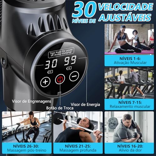Massageador Eletrico, Pistola Massageadora Profissional, Massageador Muscular Corporal Portatil, Pistola de Massagem para Alívio da Dor, Relaxamento, Liberação Miofascial, 6 Ponteiras e 30 Velocidades
