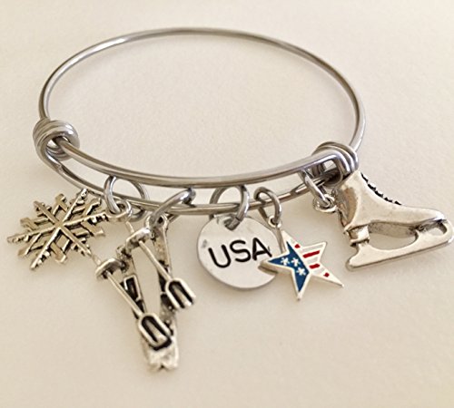 Winter Olympics Bangle, Olympics Charm Bracelet, Winter Sports, Olympic Games, Skiing, Ice Skating, USA Custom Stamp, Adjustable Bangle Bracelet. - Thumbnail 2