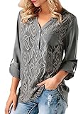 Famulily Women's Loose V-Neck Cuffed Sleeve Lace Panel Casual Tops Blouses Shirt(Grey,X-Large)