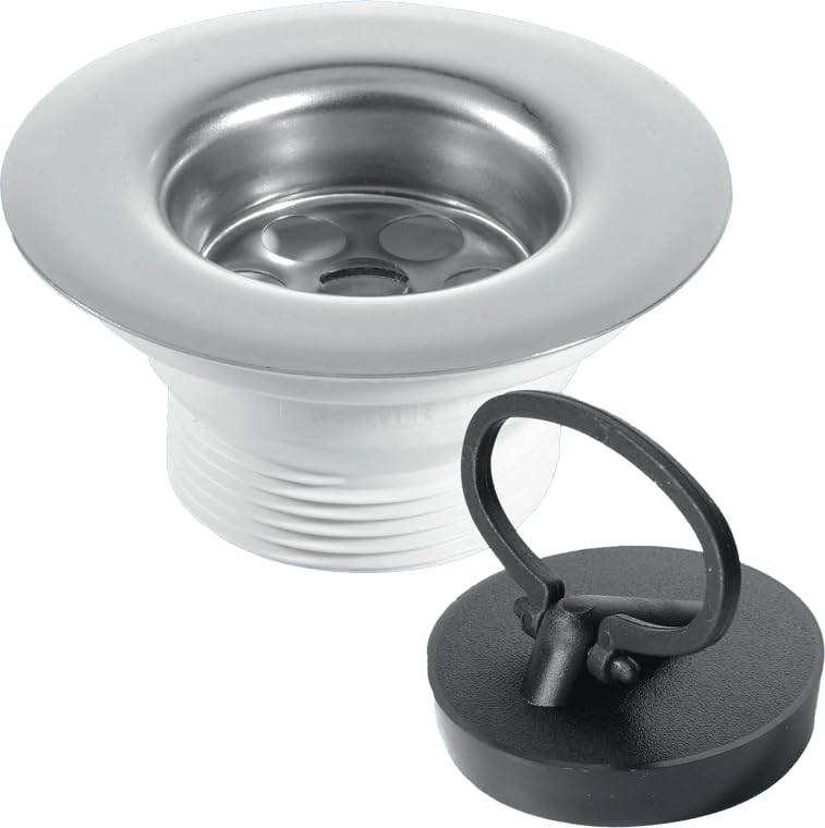 McAlpine Centre Pin Sink Waste: 85mm Stainless Steel Flange with Black PVC Handle Plug - BSW6PR