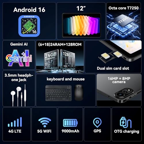 Nexall N90 Android 16 Tablet, 12 inch Tablet with Keyboard, 2K FHD+, 4G LTE/5G WiFi, 24GB+128GB/2TB, 9000mAh, Face ID, 4 Year Warranty, Widevine L1, Dark Gray– for TV, Games & Office, Dark Gray