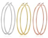 Big Hoop Earrings, 3 Pairs, 18K Gold Plated Rose Gold Plated Stainless Steel Rounded Hoops Earrings in Gift Box, Hypoallergenic, Top Click Closure Hoop Earrings for Women Girls (55mm)