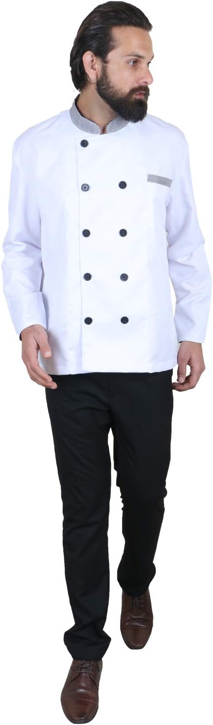 JSM Fab Men's Women's White Double Breasted Chef Coat (Check Contrast)