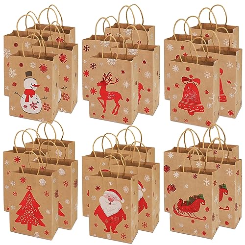 PARSUP Christmas Kraft Gift Bags - 24 Count Assorted Styles With Handles and Prints for Xmas Gift Wrapping and Party Supplies