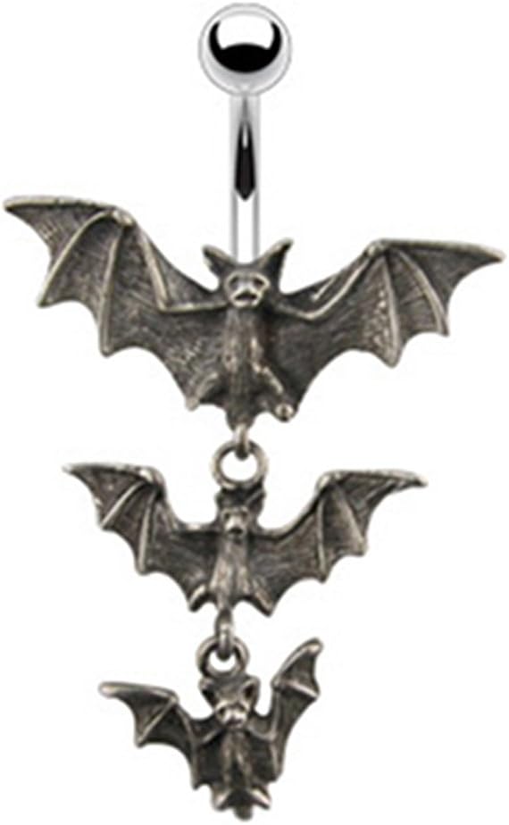 Mystical & Magical 316L Surgical Steel Triple Vampire Bat Dangling Navel Bar Supplied in a Tin Box
