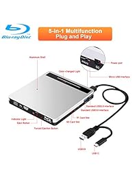 NOLYTH Blu-Ray Drive USB 5-in-1 External Blu Ray Drive Player Burner for Laptop MacBook Windows10 PC with SD TF Card Reader 2 USB3.0 Hub BD-ROM R RE