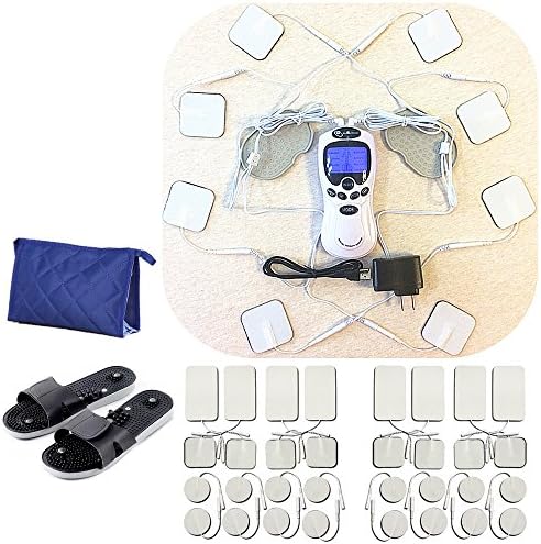 TENS Unit Pain Relief Body Massager 16 Modes Rechargeable Mini Muscle Stimulator Electronic Pulse 8 Pads Massager Blue + Replacement Pads + Massage Shoes
