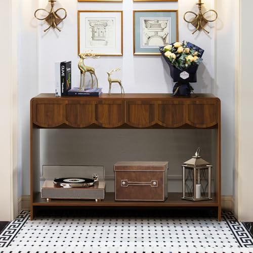 Console Table with Drawers, Mid-Century 43 Inches Narrow Entryway Table with Open Storage Shelves, Hallway Accent Table Behind Couch Table for Living Room - Walnut