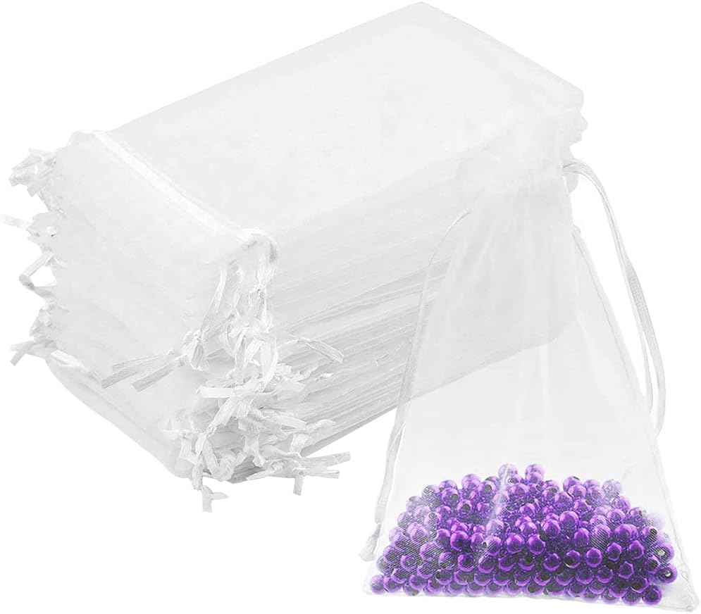 DoGeek 60pcs 2.76" X 3.54" Organza Bags, Mesh Bags with Drawstring Jewelry Pouches Wedding Favour Bag Small Gift Bags Wedding Party Christmas Gift Halloween Candy Bag (White, 9 * 7 cm)