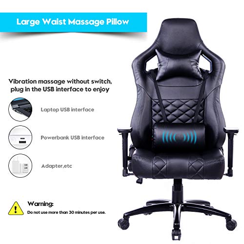 Blue Whale Big and Tall Gaming Chair Computer Chair with Massage Lumbar Support Heavy Duty Matel Base Gamer Racing PC Gaming Chair High Back Ergonomic Office Desk PU Leather Reclining Chair Black
