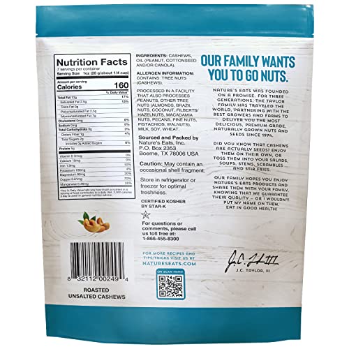 NATURE’S EATS CASHEWS ROASTED NO SALT, 7 OZ