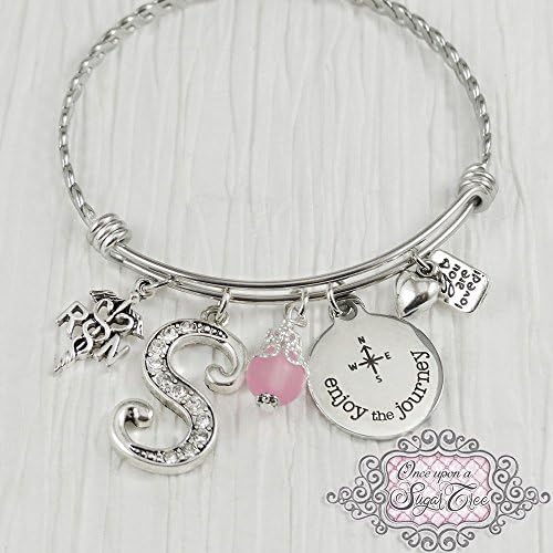 Enjoy the Journey Jewelry, Nurse Graduation Gift, RN Graduate Jewelry, Personalized Bangle Bracelet for Nursing Grad, Graduate, RN medical Symbol Charm.