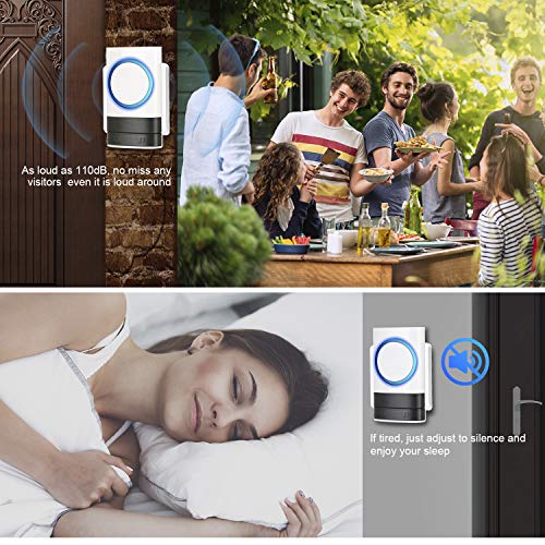 Wireless Doorbell, Plug in Door Bell 2 Receivers 1 Push Button Cordless, IP44 Waterproof Door Chime, 500-1000ft Range, 4 Levels Volume, 45 Ringtones (12V 23A Battery)