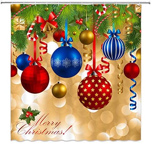 Feierman Merry Christmas Shower Curtain Decor Colorful Balls Hang on Pine Tree New Year Bathroom Curtain Decor Machine Washable Waterproof with Hooks 70x70Inches