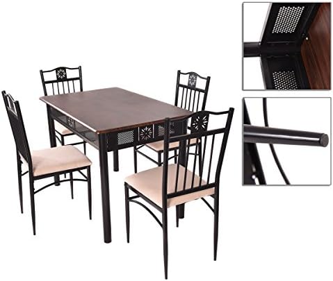 5pcs Dining Table Chairs Set Metal Wood Modern And Upscale Furniture And Sturdy Steel Frame With Powder Coat Finish ALE001A
