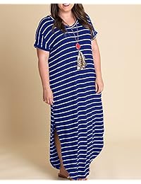 Tongmingyun - Maxi vestido de manga corta con cuello en V a rayas, con bolsillos