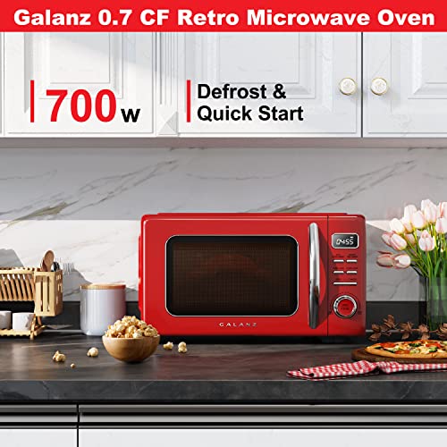 Galanz GLCMKZ07RDR07 Retro Countertop Microwave Oven with Auto Cook & Reheat, Defrost, Quick Start Functions, Easy Clean with Glass Turntable, Pull Handle,0.7 cu ft, Red