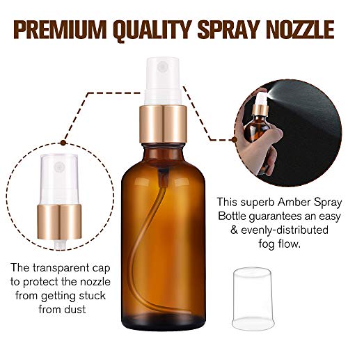 PrettyCare Glass Spray Bottles for Essential Oil 2 oz 12 Pack (Unique Amber Bottle with Golden Caps & 2 Extra Sprayer, 24 Labels and Funnels) Small Refillable Fine Mist Dispenser for Cleaning Product