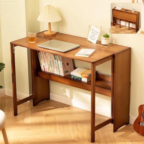 Bamboo Folding Desk Mid Century Modern Desk for Home Office Bedroom Small Spaces, Brown，40.55"/103cm Long Desktop