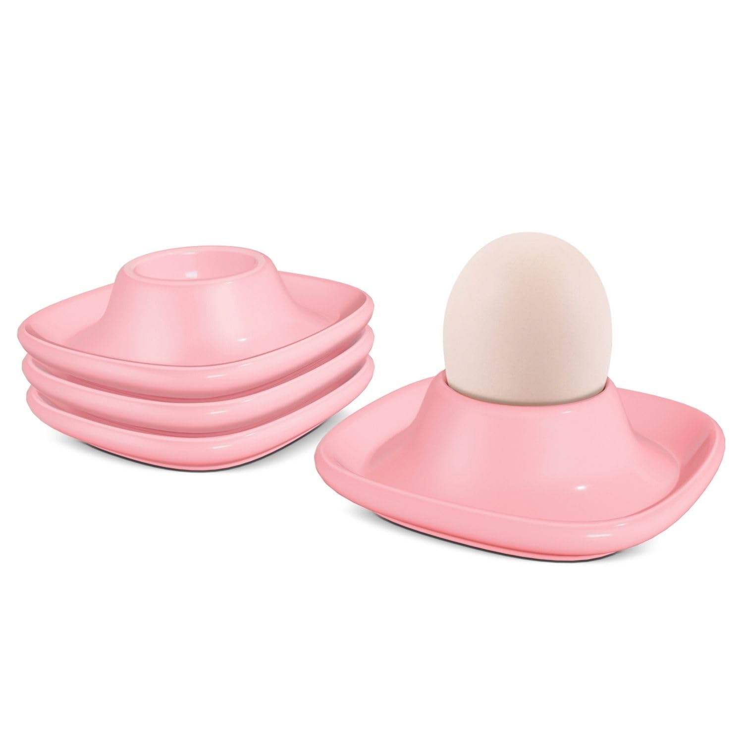 Flexzion Soft Boiled Egg Holder Set - 4-Piece Pink Ceramic Egg Cup, Stackable Egg Coddler Cups with Base for Serving, Breakfast, Brunch - Kitchen Table Decor, Pink