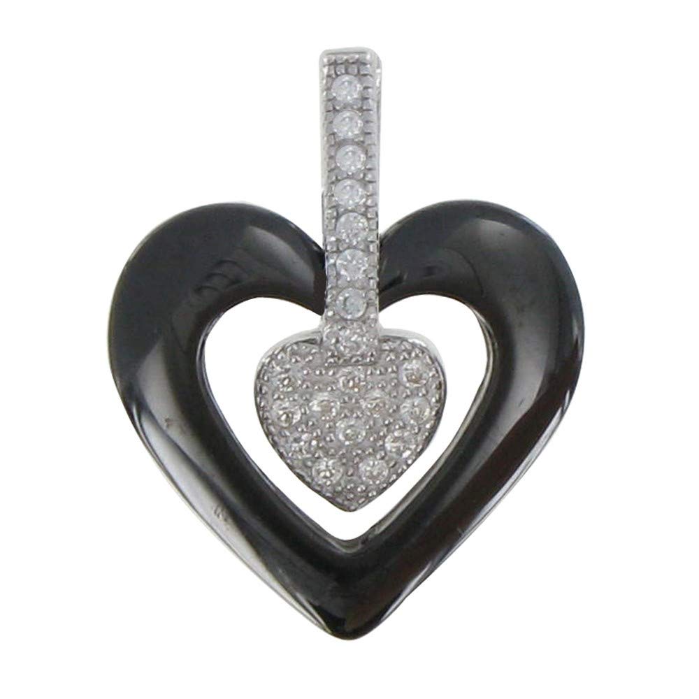 LES POULETTES BIJOUX - Silver Rhodium Pendant Black Ceramic Heart and Rhinestones