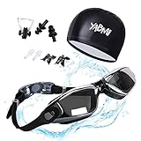 Swimming Goggles + Swim Cap + 3 Interchangeable Nose Bridge + Ear Plugs + Nose Clip,Swim Glasses No Leaking Anti Fog UV Protection for Men Women Youth By Yabmi