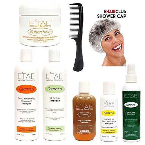 Etae Natural Products E'tae Carmelux Shampoo, Conditioner, Gloss, Carmel Treatment, Buttershine, Nutrient Replenisher Combo Kit (6 items) w/ Shower Cap and Comb