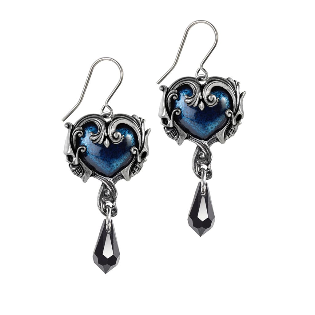Alchemy Gothic England Affaire du Coeur Crystal Blue Enamel Baroque Skull Dropper Earrings