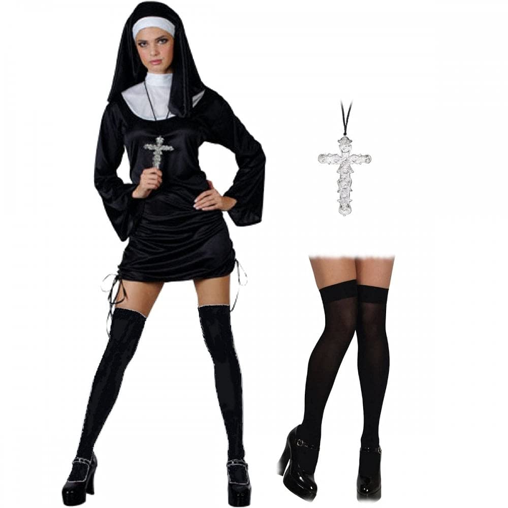 A2ZFD Naughty Nun Sexy Ladies Halloween Hen Fancy Dress COSTUME + BLACK STOCKINGS + CROSS